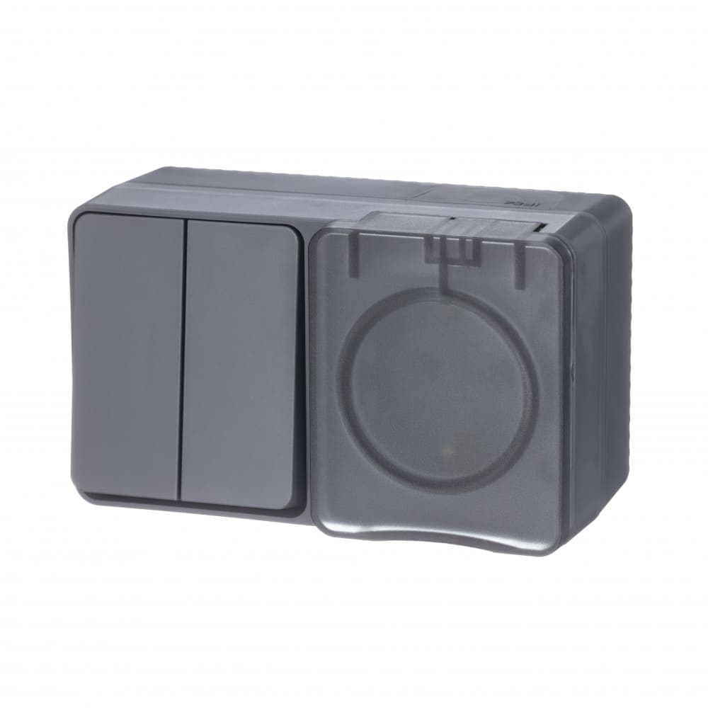 Блок комбинированный Systeme Electric AtlasDesign Profi54 ATN544074, розетка 16А с заземлением и защитными шторками, выключатель двухклавишный 10А, IP54, накладной монтаж, антрацит - вид сбоку спереди
