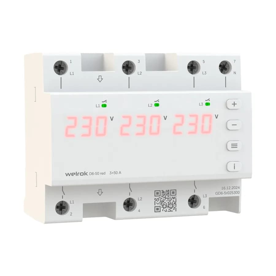 Реле напряжения трёхфазное 50А Welrok D6-50