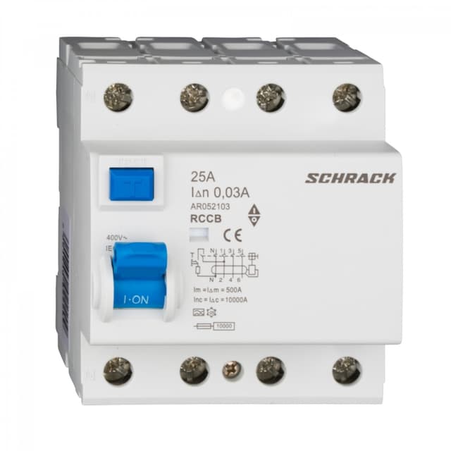 Устройство защитного отключения модульное Schrack Technik Amparo 4P, номинальный ток 25А, ток утечки 30мА, тип A, артикул AR052103