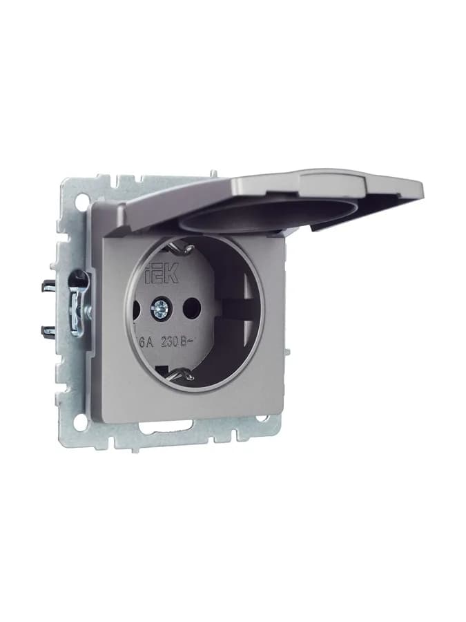 Розетка с заземлением, защитными шторками и крышкой IEK BRITE BR-R16-16-44-K46 (сталь), фото 2