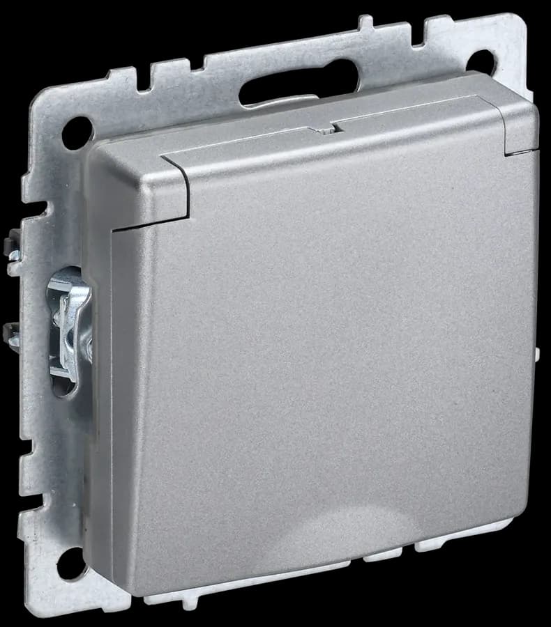 Розетка с заземлением, защитными шторками и крышкой IEK BRITE BR-R16-16-44-K47 (алюминий)