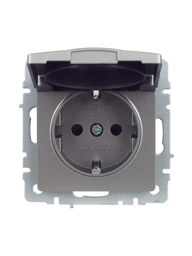 Розетка с заземлением, защитными шторками и крышкой IEK BRITE BR-R16-16-K46 (сталь), фото 3