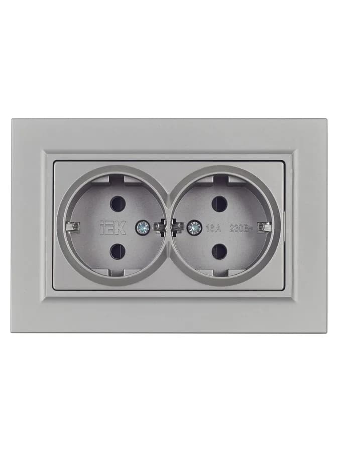Розетка двойная с заземлением, защитными шторками и рамкой IEK BRITE BR-R24-16-K46-F (сталь), фото 2