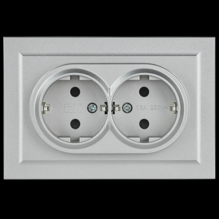Розетка двойная с заземлением, защитными шторками и рамкой IEK BRITE BR-R24-16-K47-F (алюминий), фото 4