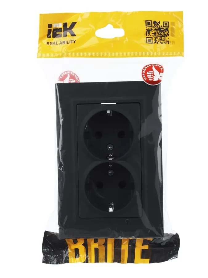 Розетка двойная с заземлением, защитными шторками и рамкой IEK BRITE BR-R24-16-K53-F (графит), фото 3