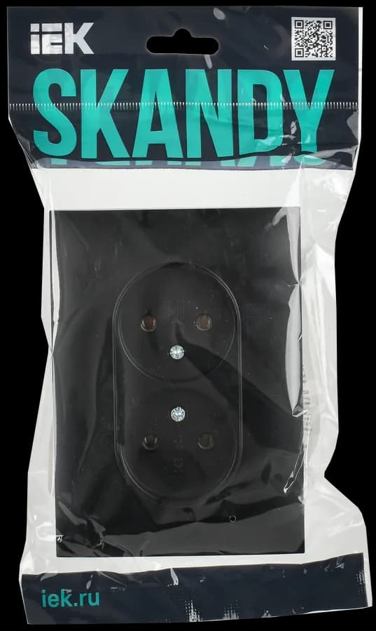 Розетка двойная без заземления с рамкой IEK SKANDY SK-R20-10-K02-F (черный), фото 2