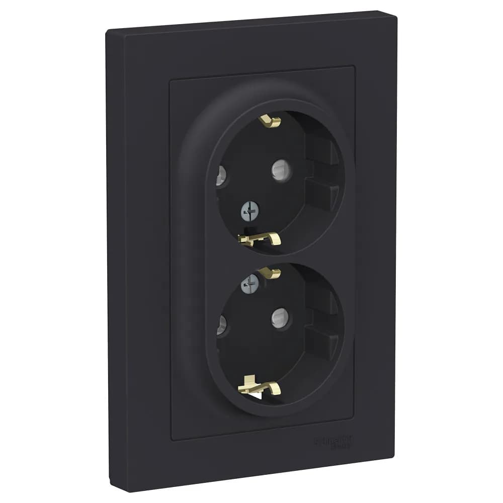 Розетка двойная с заземлением и защитными шторками Systeme Electric AtlasDesign, цвет карбон, безопасность для детей