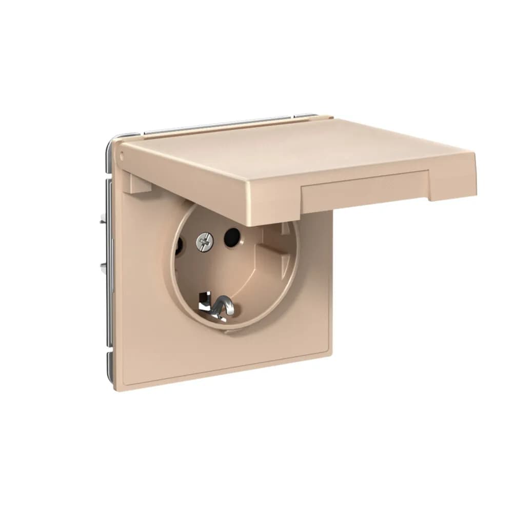 Дизайнерская влагозащищенная розетка с заземлением, шторками и крышкой Systeme Electric ArtGallery, цвет песочный